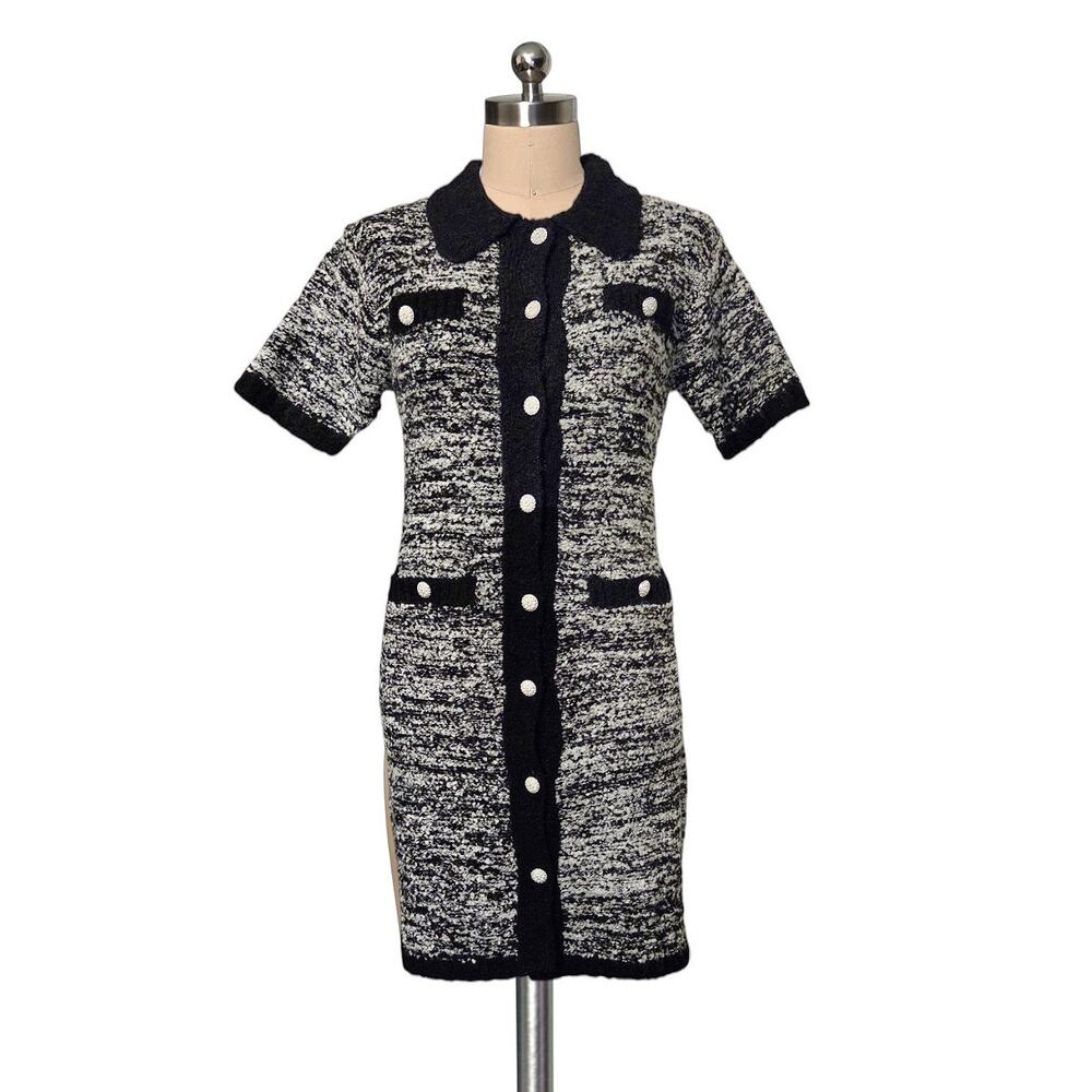 Trendy Influence Stretchy Sweater Knit Collared Rhinestone Button Dress 6